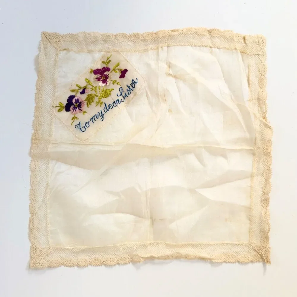 Vintage Embroidered Sister Handkerchiefs Pair Floral Lace To My Dear Sister